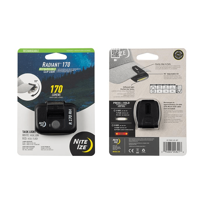 Nite Ize Radiant 170 Rechargeable Clip Light packaging showcasing dual color modes and 170 lumens output.