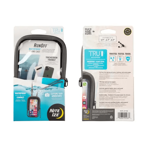 Nite Ize RunOff Waterproof Phone Case packaging, showcasing features and dimensions for outdoor protection.