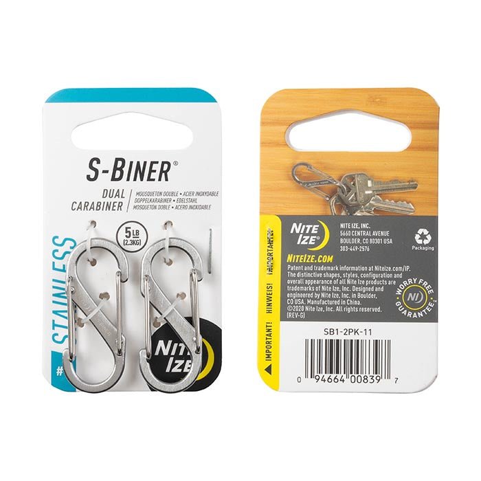 Nite Ize S-Biner Stainless Steel Dual Carabiner packaging showing two durable carabiners for outdoor and everyday use.
