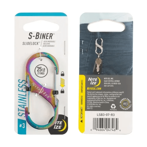 Nite Ize S-Biner Stainless Steel SlideLock carabiner packaging showcasing durable design and locking features.