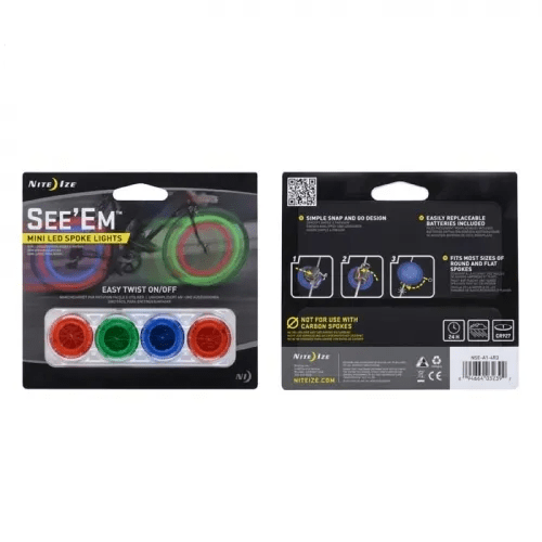 Nite Ize See'Em Mini Spoke Lights packaging showcasing assorted colors and easy twist on/off feature for bicycle safety.