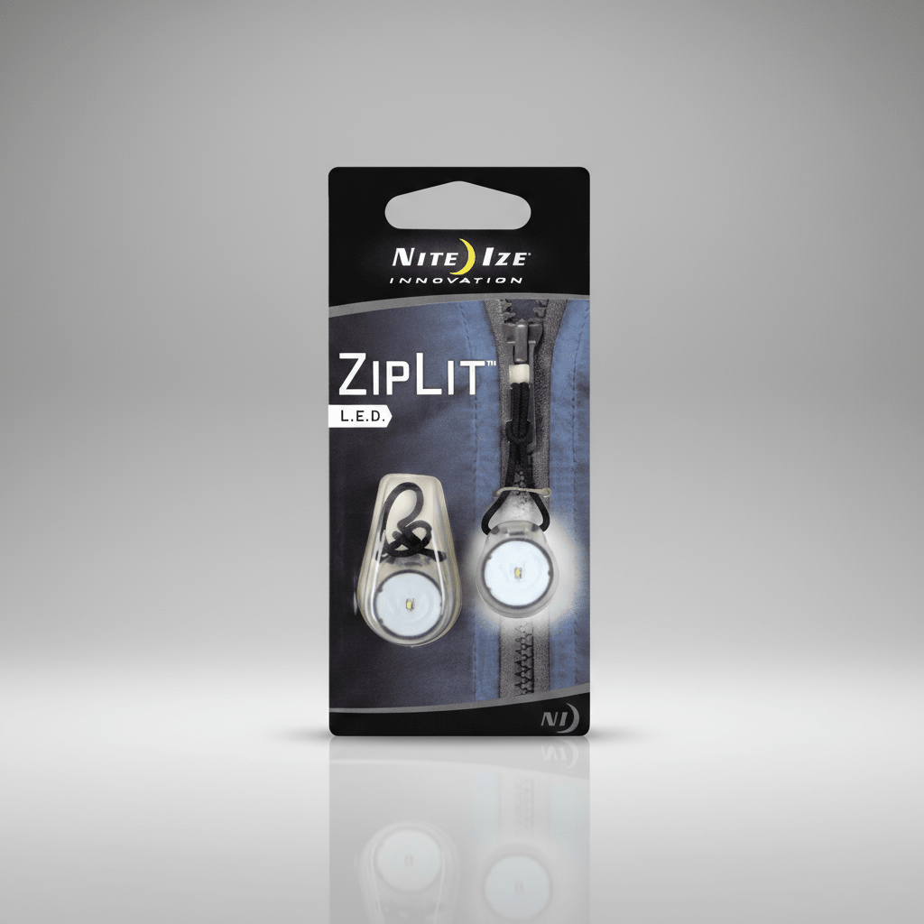 Nite Ize ZipLit LED packaging on a gray background
