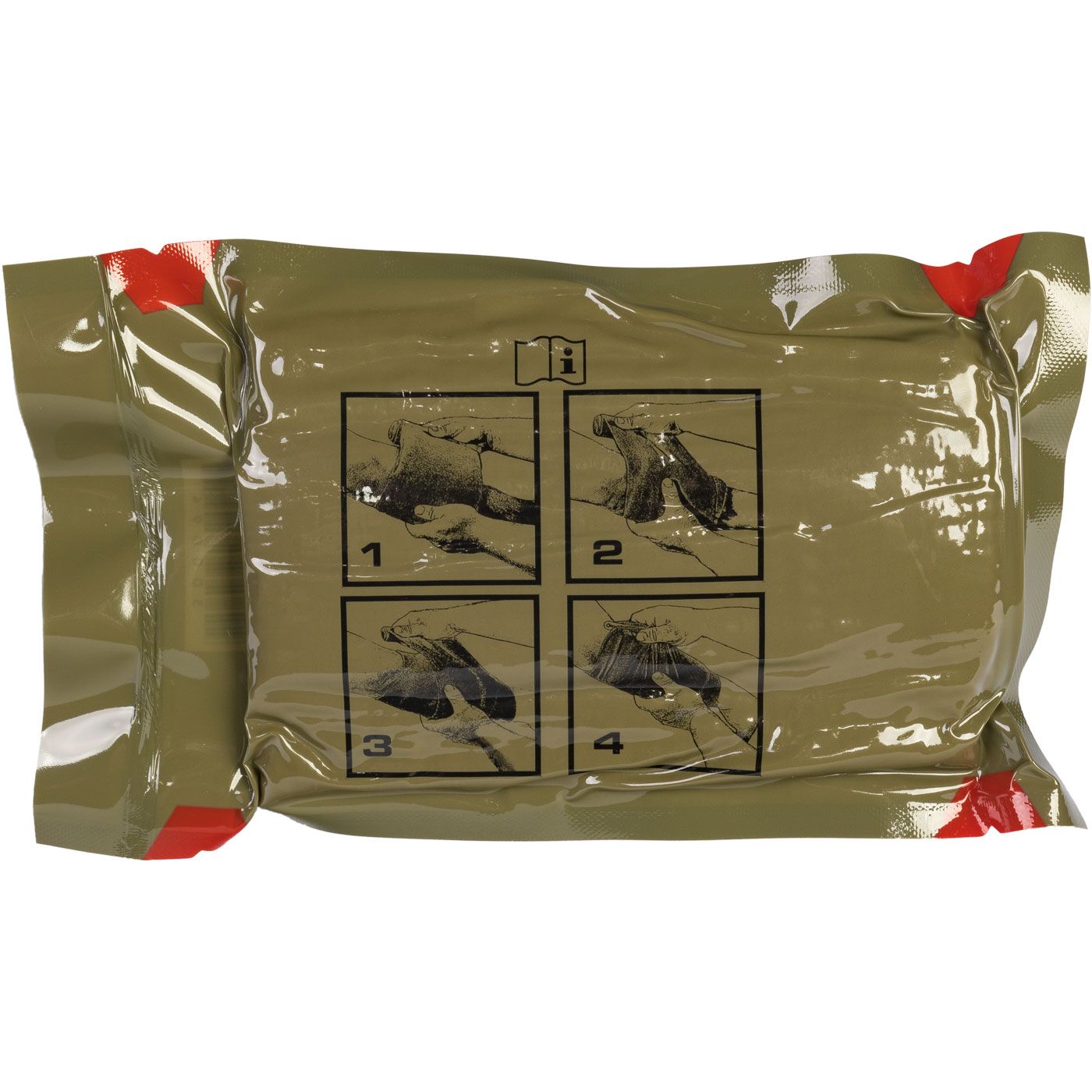 North American Rescue 6 inch Flat Emergency Trauma Dressing 30-0094, angled view of sterile package showing product dimensions and label detail
