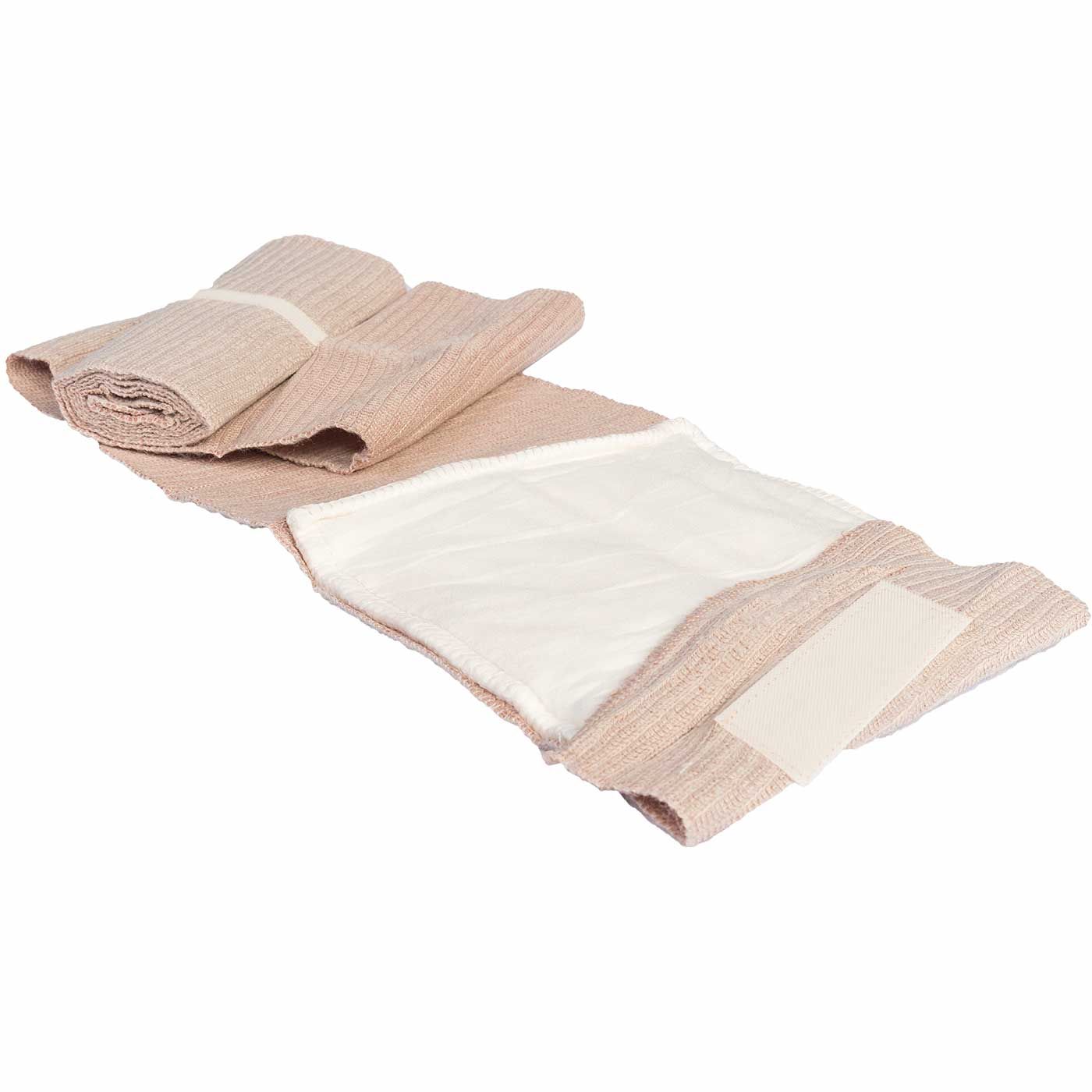 North American Rescue 6 inch Flat Emergency Trauma Dressing 30-0094, close-up detail showing Red-Tip Technology tear notches and Quick-Grip Roll Control tabs
