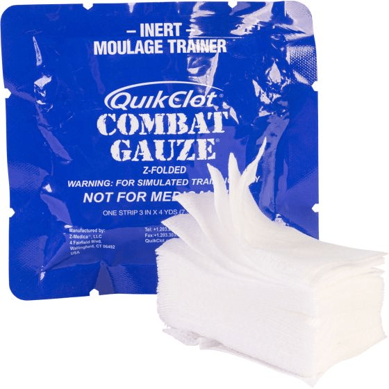 Inert QuikClot Combat Gauze Trainer pack and gauze strips for realistic wound packing training scenarios.