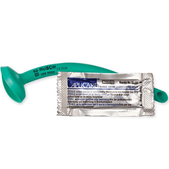 North American Rescue Nasopharyngeal Airway 28F with attached surgical lubricant packet for easy insertion.