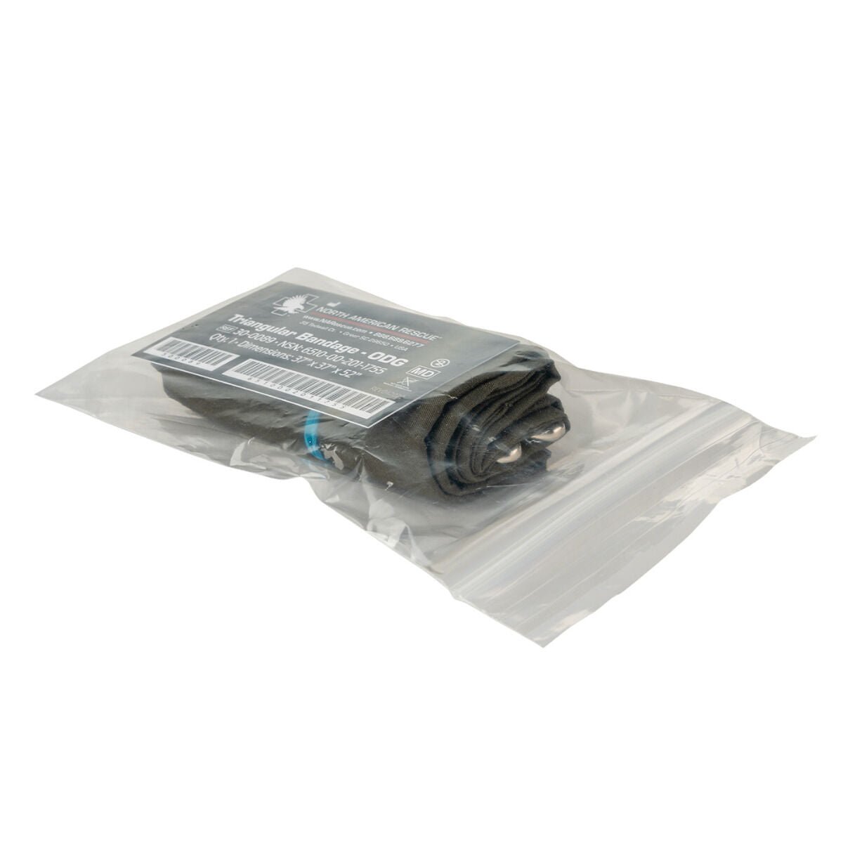 Packaged brwon traingular bandage in its packaging with a label on a white background