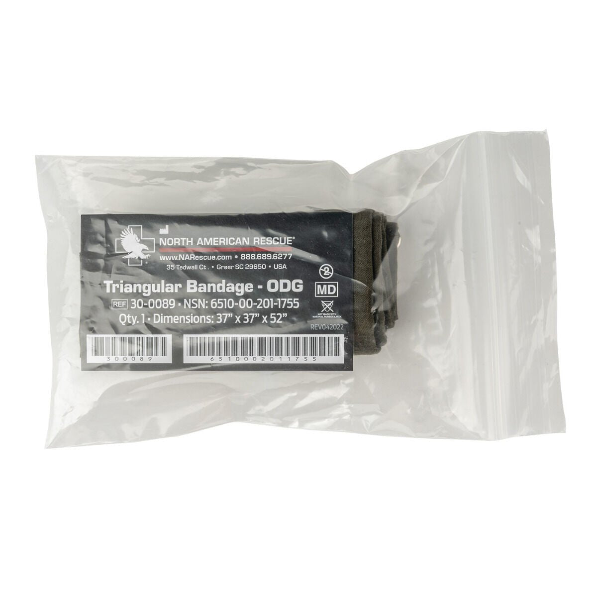 Triangular bandage in clear packaging with North American Rescue branding on a white background