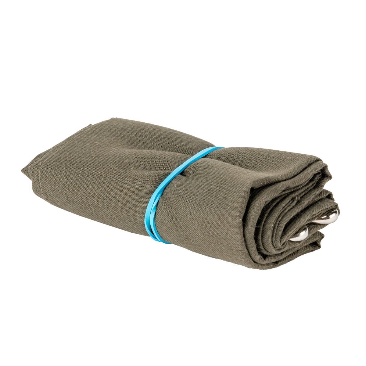 Folded brown triangular bandage with a blue rubber band on a white background