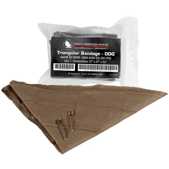 North American Rescue Triangular Bandage (Cravat) ODG in packaging with safety pins for effective wound care and support.