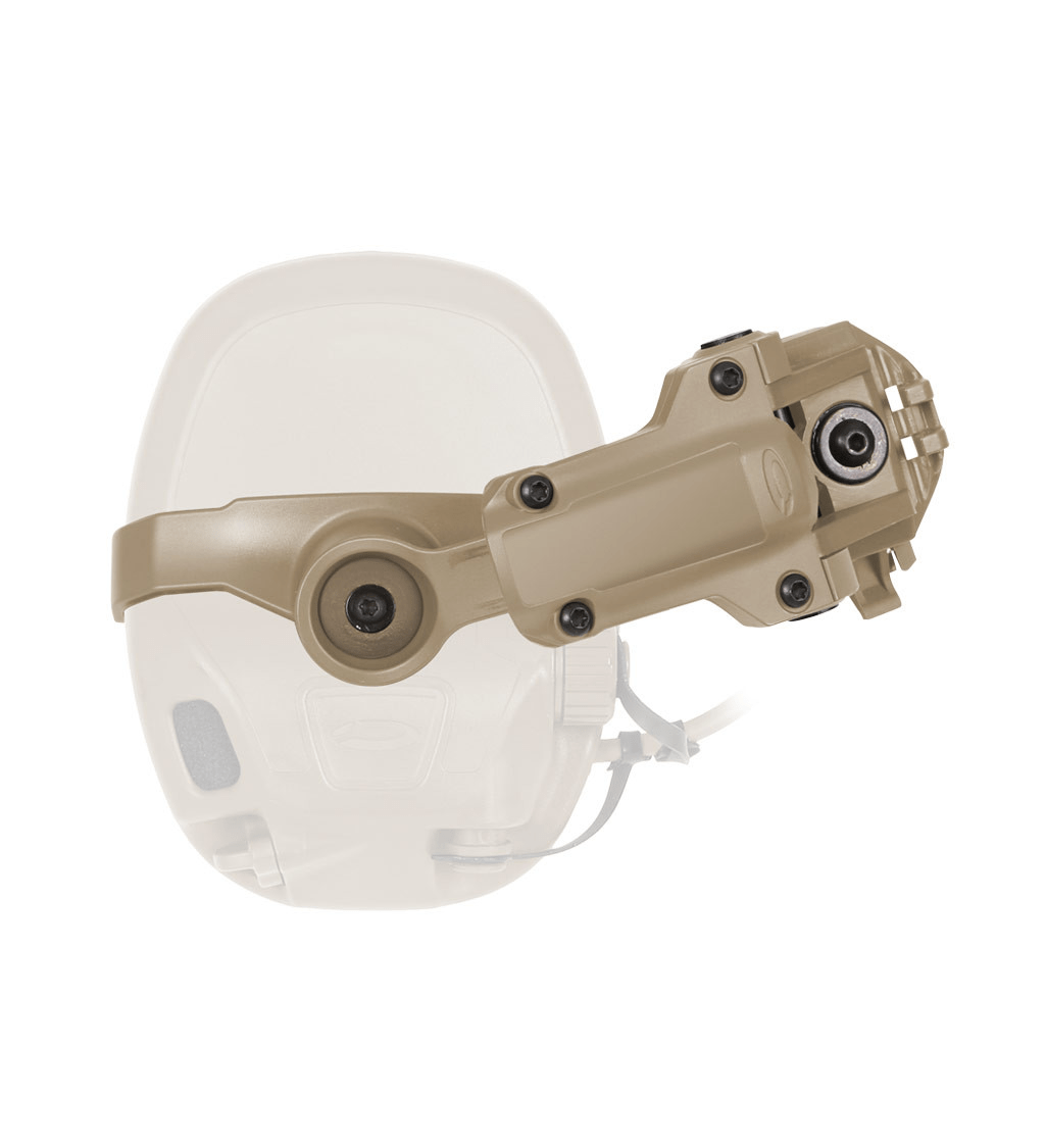 Ops-Core AMP Helmet Rail Mount Kit attached to helmet, highlighting rear mounting capability for headsets.