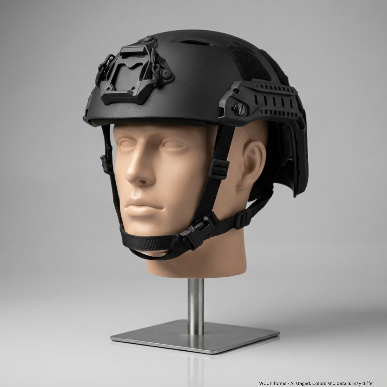 Ops-Core FAST Bump High Cut Helmet System A15057 in Black showing high-cut shell profile, ARC rails, and Head-Loc chin strap hardware on a mannequin head against a gray background