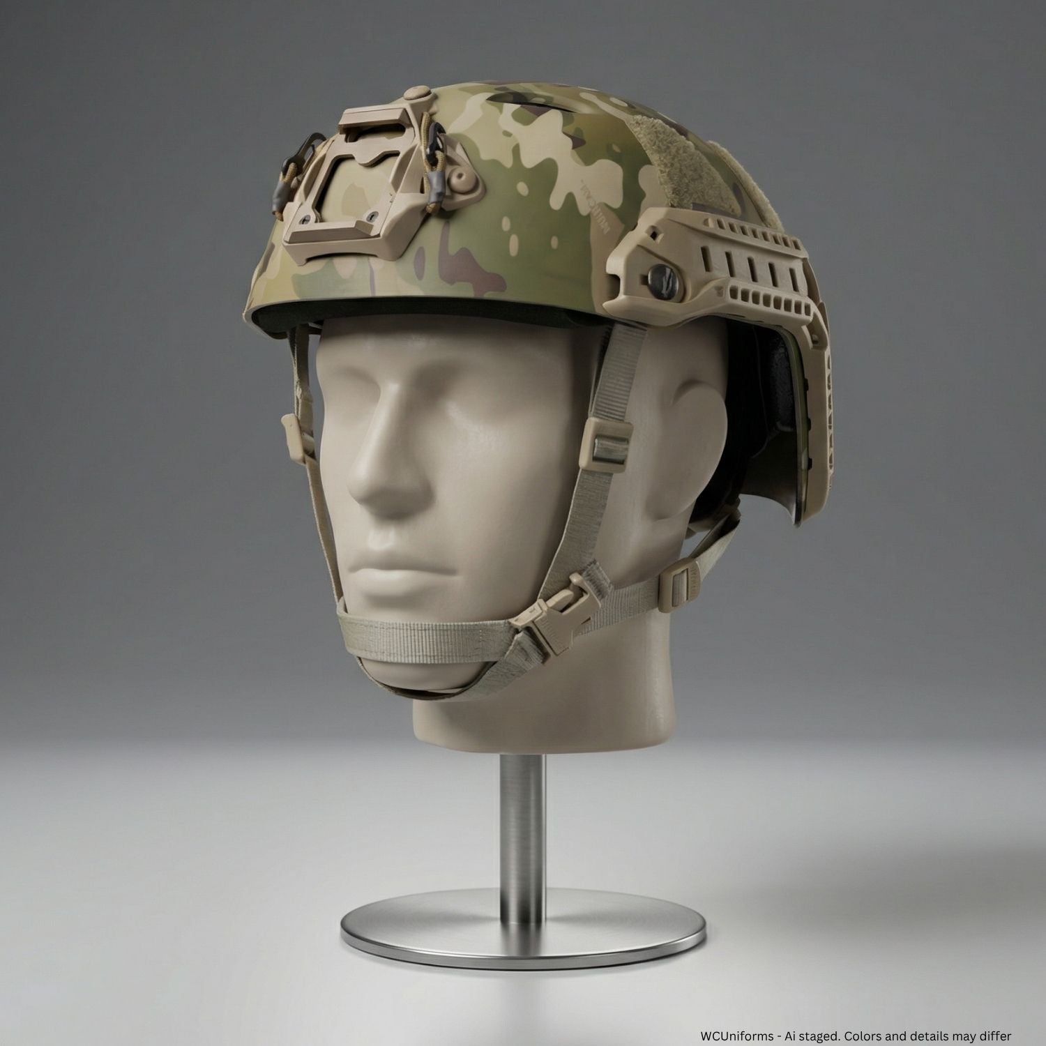 Ops-Core FAST Bump High Cut Helmet System A15057 in MultiCam showing NVG shroud mount and bilateral ARC rail accessory zones on a mannequin head against a gray background