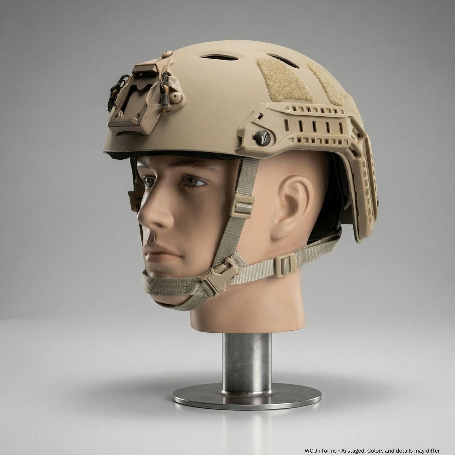 Rear view of Ops-Core FAST Bump Helmet System A15057 in Tan 499 showing VELCRO loop field, bilateral ARC rails, and Occ-Dial retention knob on a mannequin head against a gray background