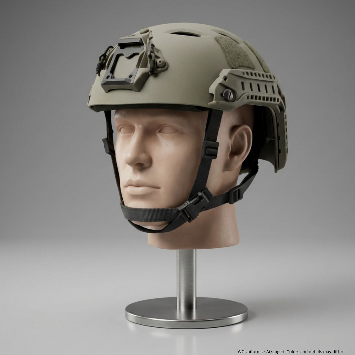 Rear view of Ops-Core FAST Bump Helmet System A15057 in Ranger Green showing VELCRO loop field, bilateral ARC rails, and Occ-Dial retention knob on a mannequin head against a gray background