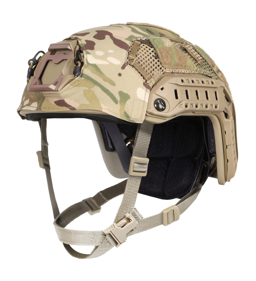 Ops-Core FAST SF Helmet Cover in camouflage, featuring para-cord points and integrated VELCRO for easy attachment.