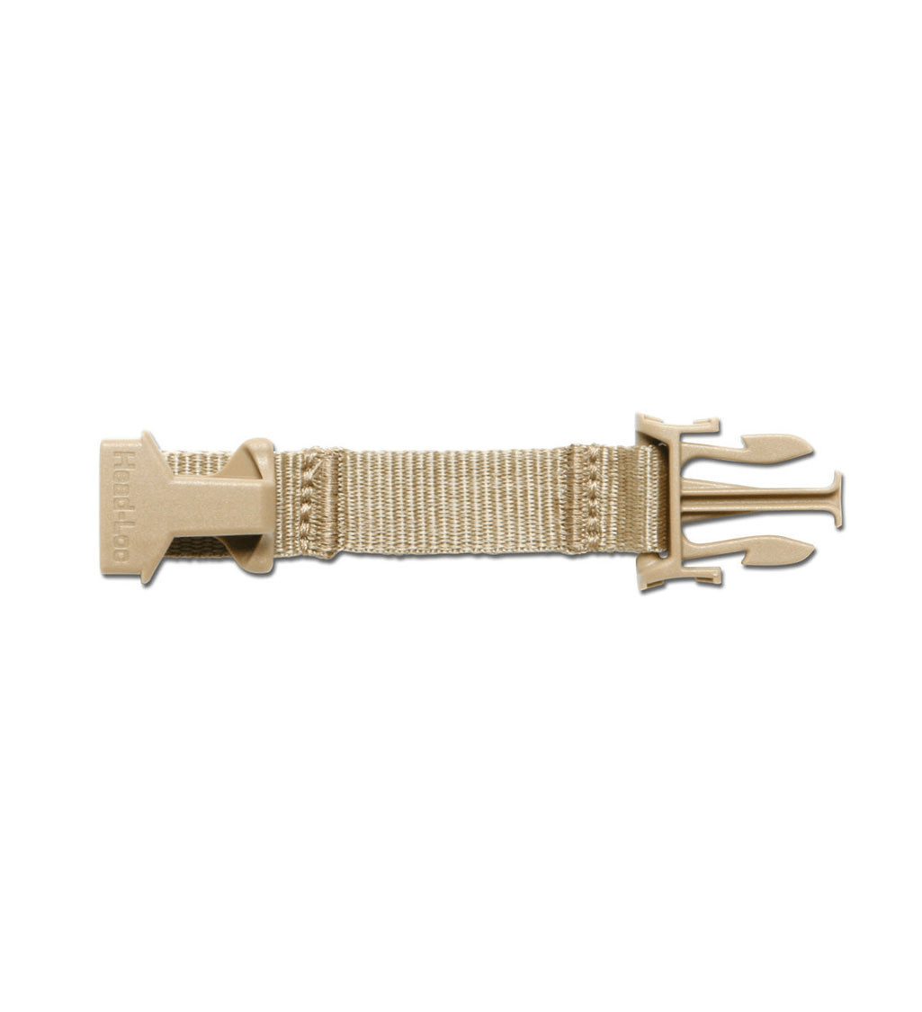 Ops-Core CBRNE Chinstrap Extender in tan color, adds 3.5'' length for secure fit over CBRN masks. Simple one-click attachment.