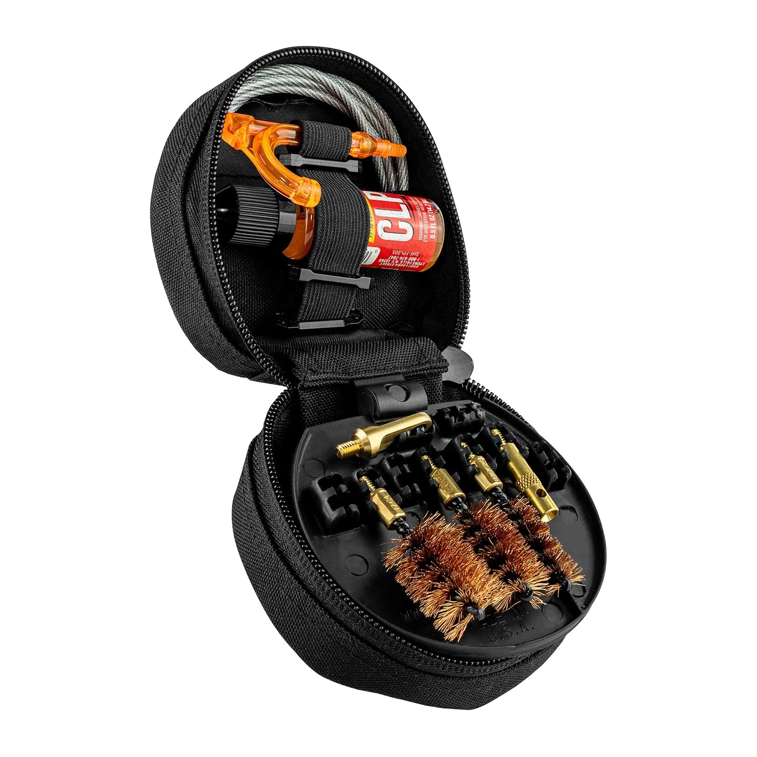 Open Otis FG-410 universal shotgun cleaning kit with three bore brushes, 40-inch cable and FP-10 CLP
