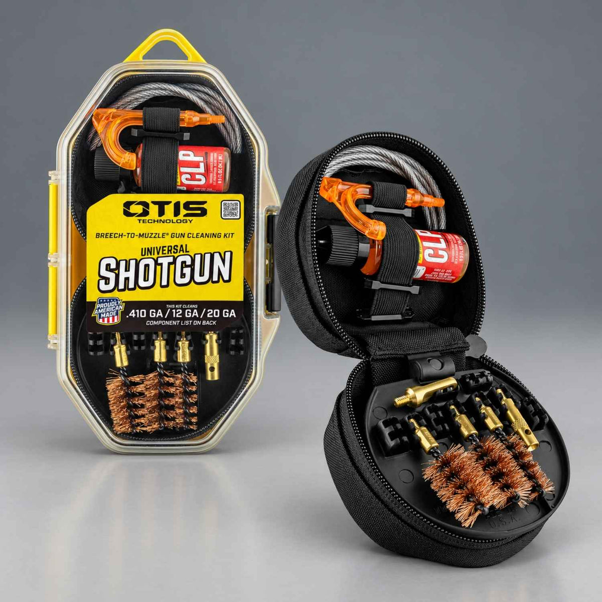 Otis Technology FG-410 universal shotgun cleaning kit shown packaged and open with brushes, cable and CLP