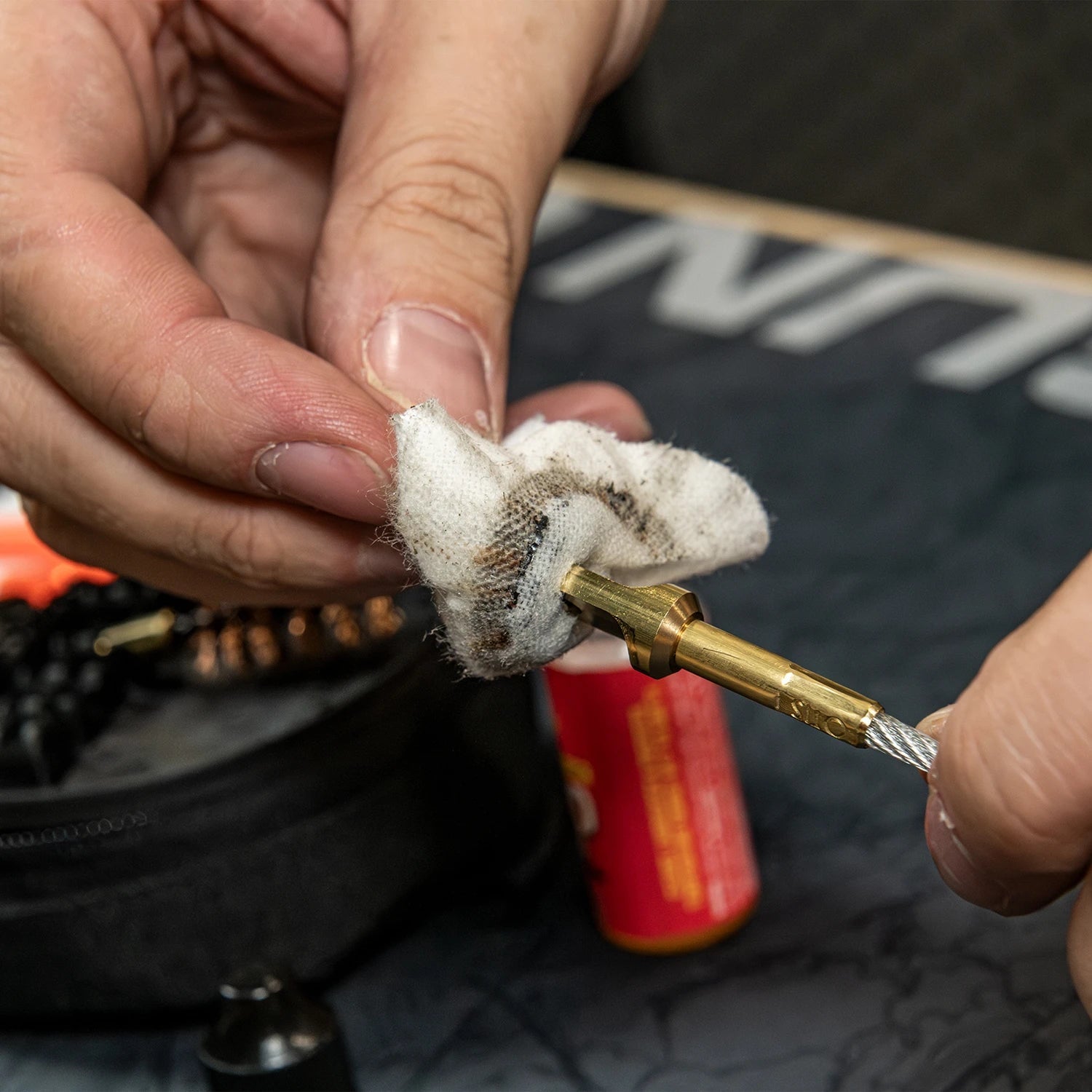 Used cotton patch on Otis Patch Saver after cleaning a shotgun with the FG-410 kit