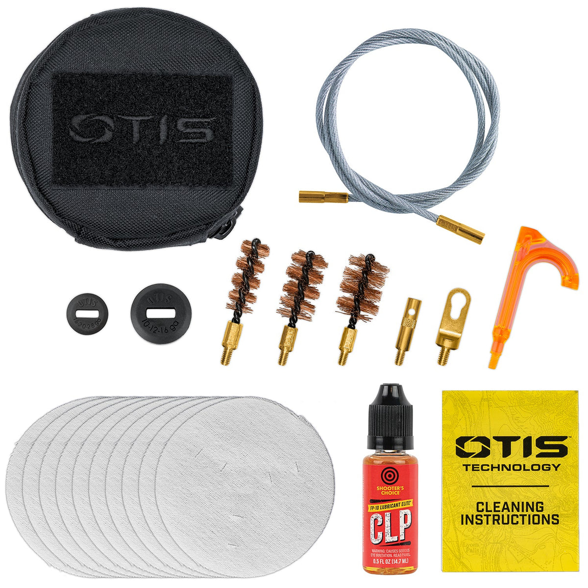 Otis FG-410 shotgun cleaning kit contents with soft case, 40-inch cable, three bore brushes, patches and FP-10 CLP