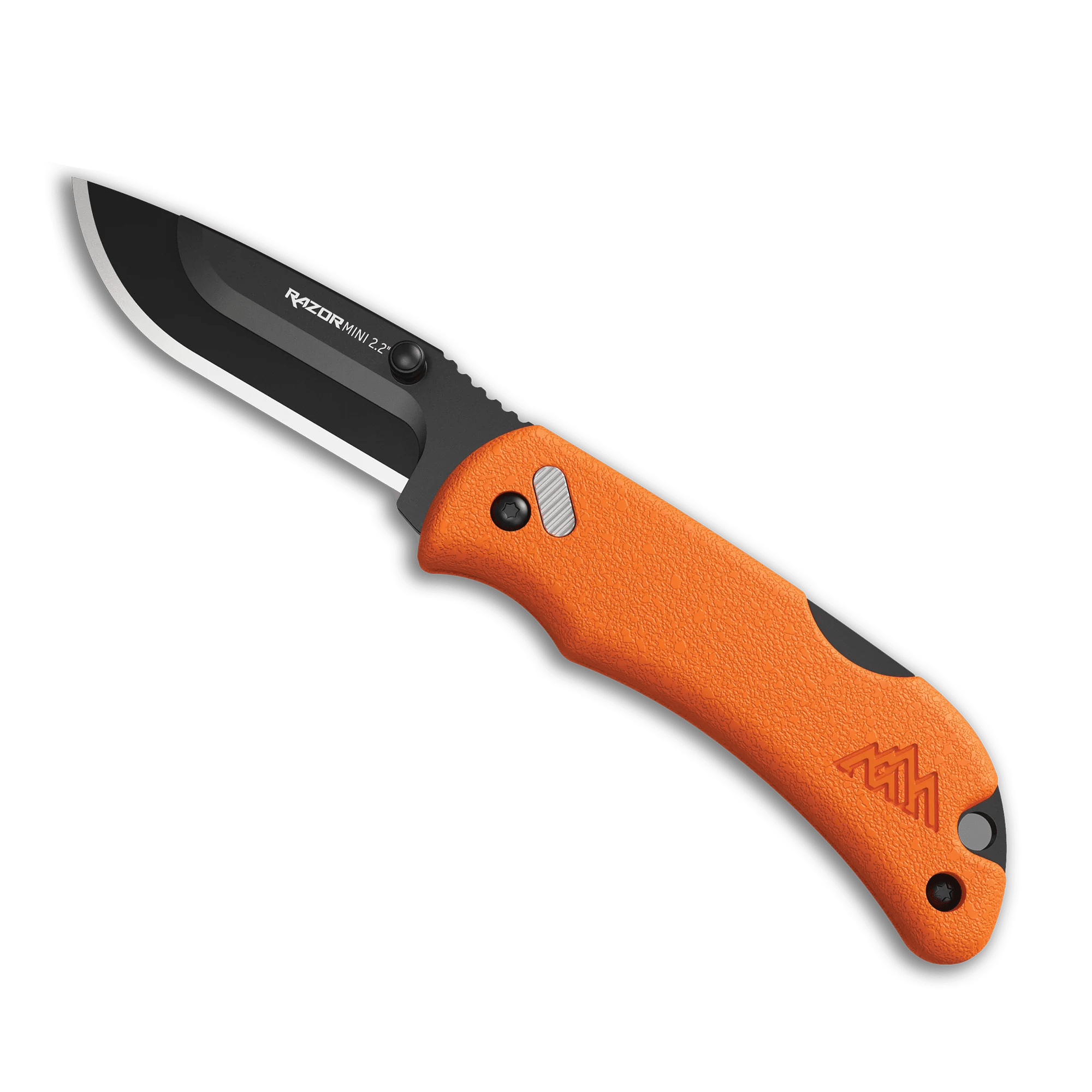 Outdoor Edge Razor-Mini pocket knife with sleek design and orange handle, featuring high-quality black drop-point blade.