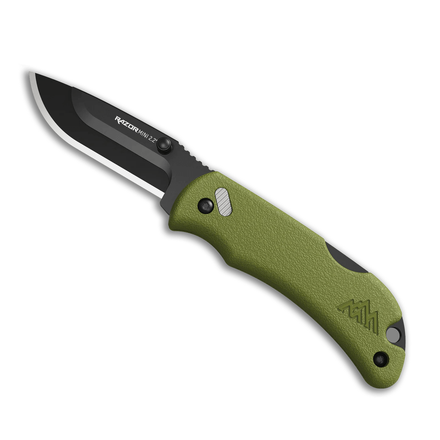 Outdoor Edge 2.2 RAZOR-MINI pocket knife with OD green handle and black drop-point blade, ideal for precision and convenience.