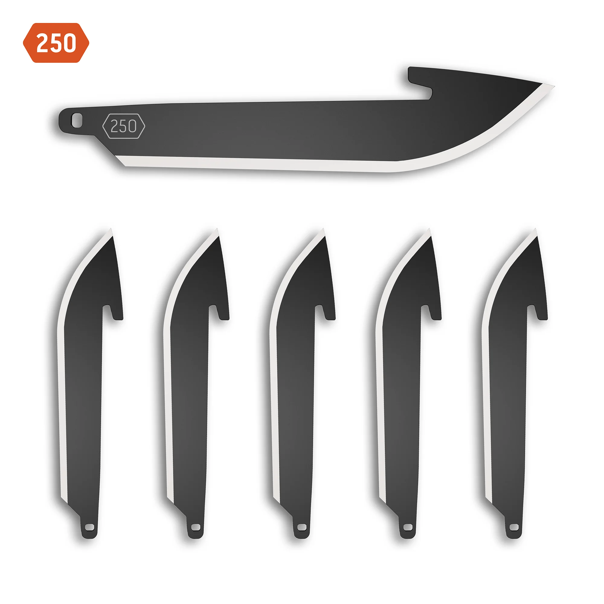 Set of six Outdoor Edge 2.5" drop-point replacement blades in black for hunting and everyday carry.