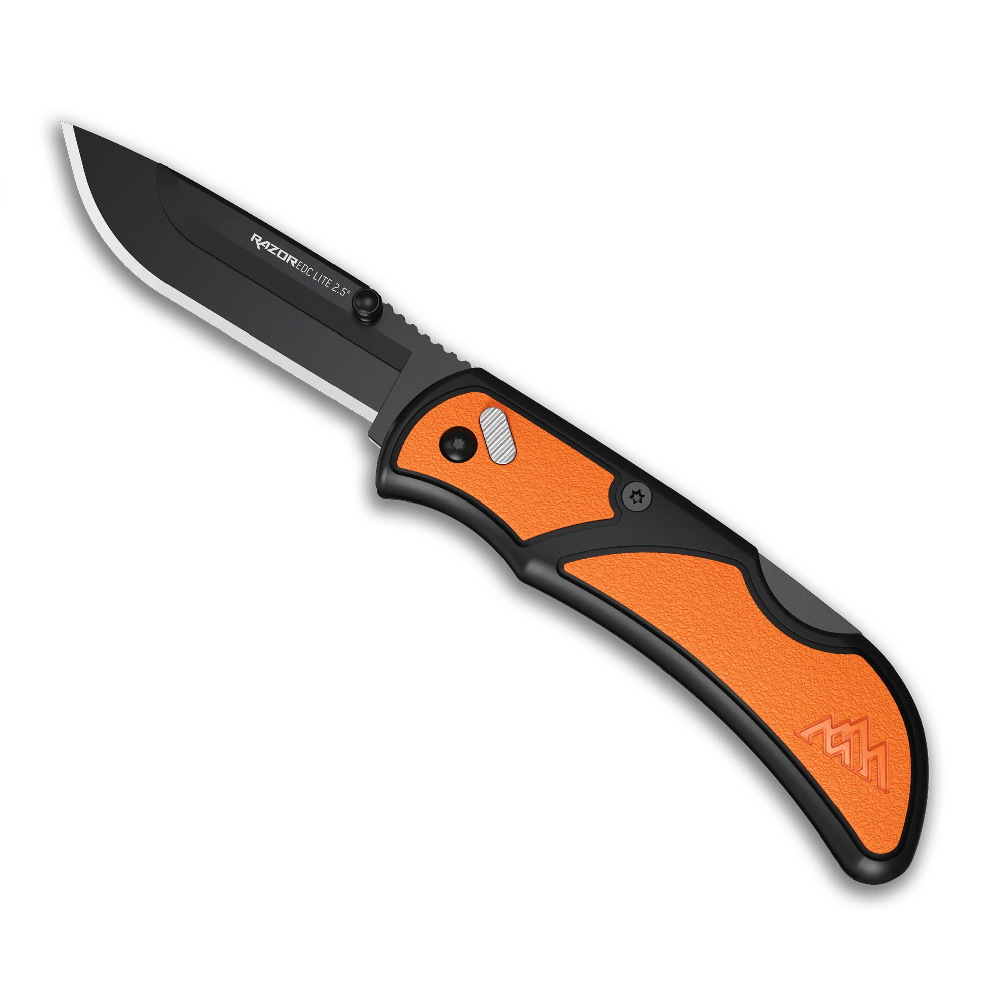 Outdoor Edge 2.5 Razor-EDC Lite folding knife with orange handle and black blade, designed for outdoor adventures.