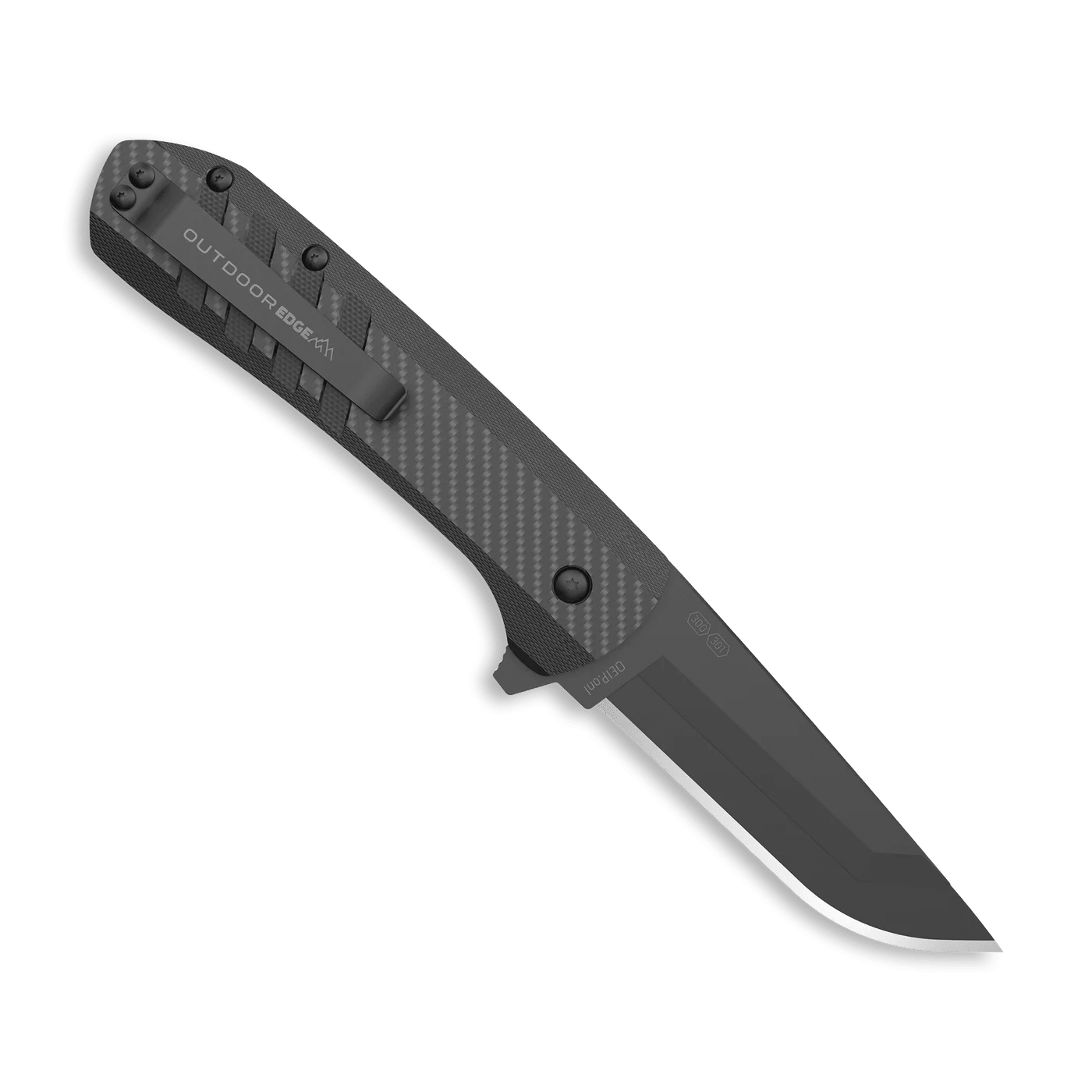 Black folding knife with a textured handle on a white background