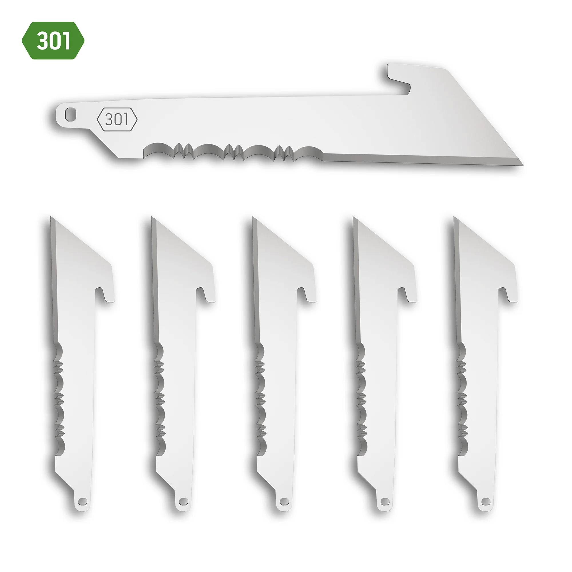 Outdoor Edge 3 utility blade pack with six serrated blades for hunting and daily use, made from Japanese 420J2 stainless steel.