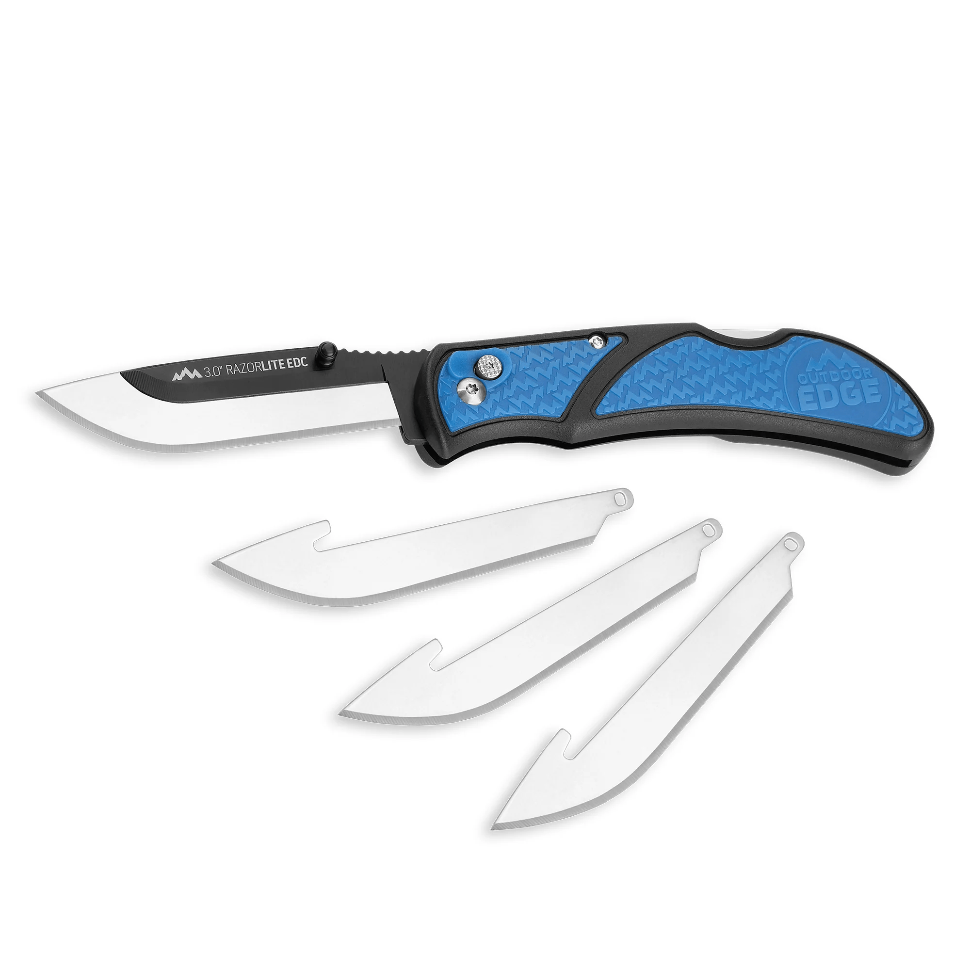 Outdoor Edge 3.0 RAZOR-EDC LITE knife in blue with four replaceable blades displayed. Perfect for everyday use and convenience.