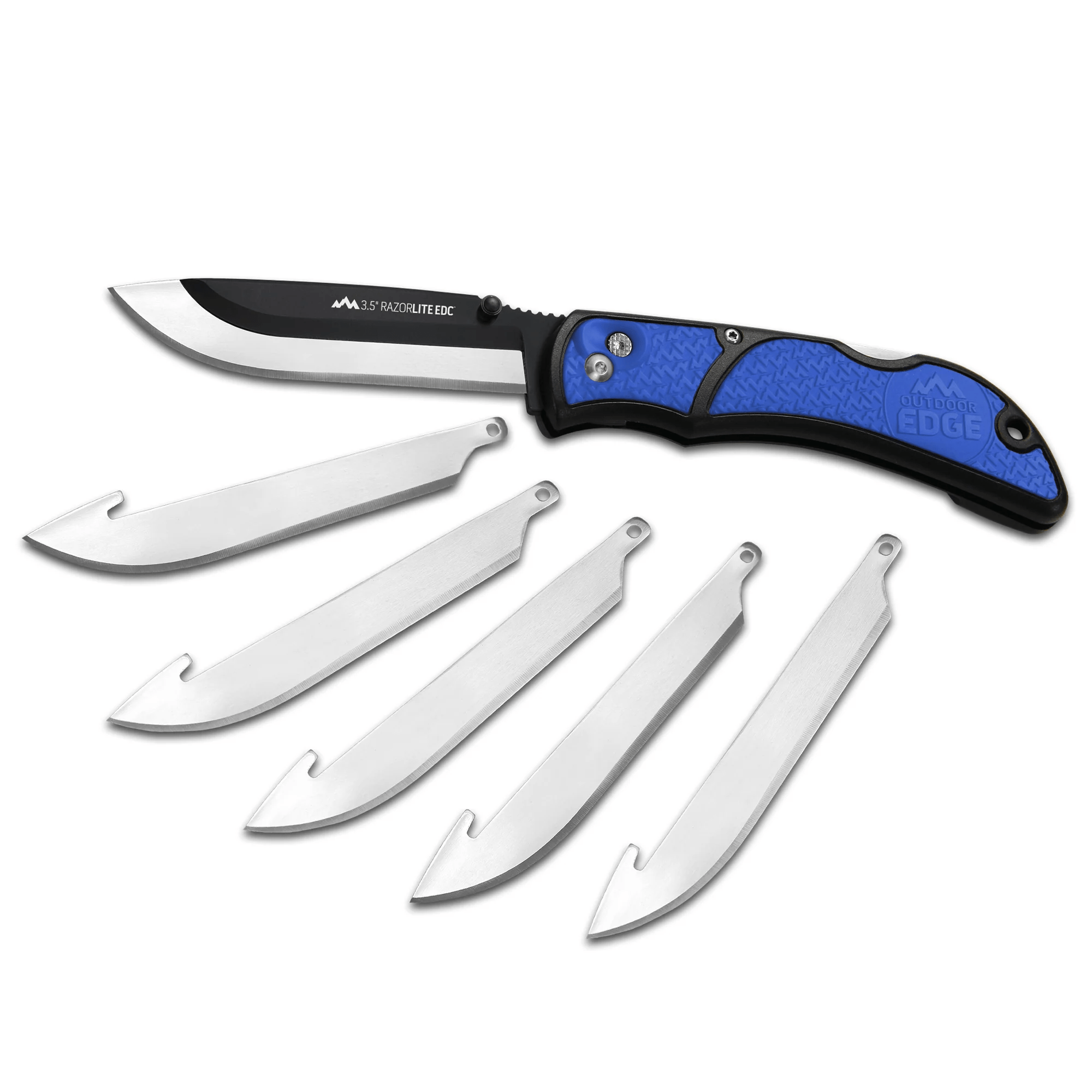 Outdoor Edge 3.5 RAZOR-EDC LITE in blue with six replacement blades for safe and easy blade changes.