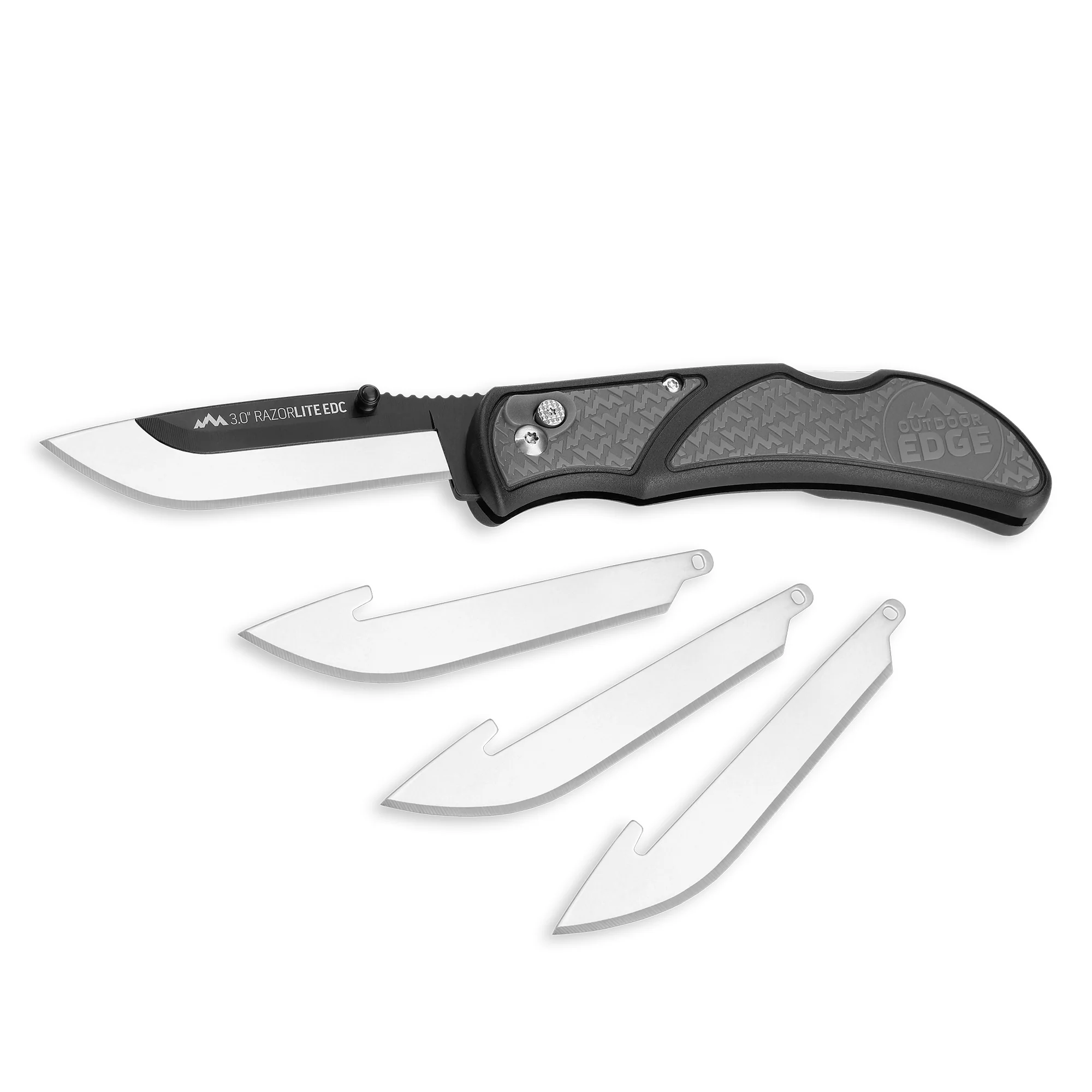 Outdoor Edge 3.5 RAZOR-EDC LITE knife in gray with three replaceable blades laid out beside it.