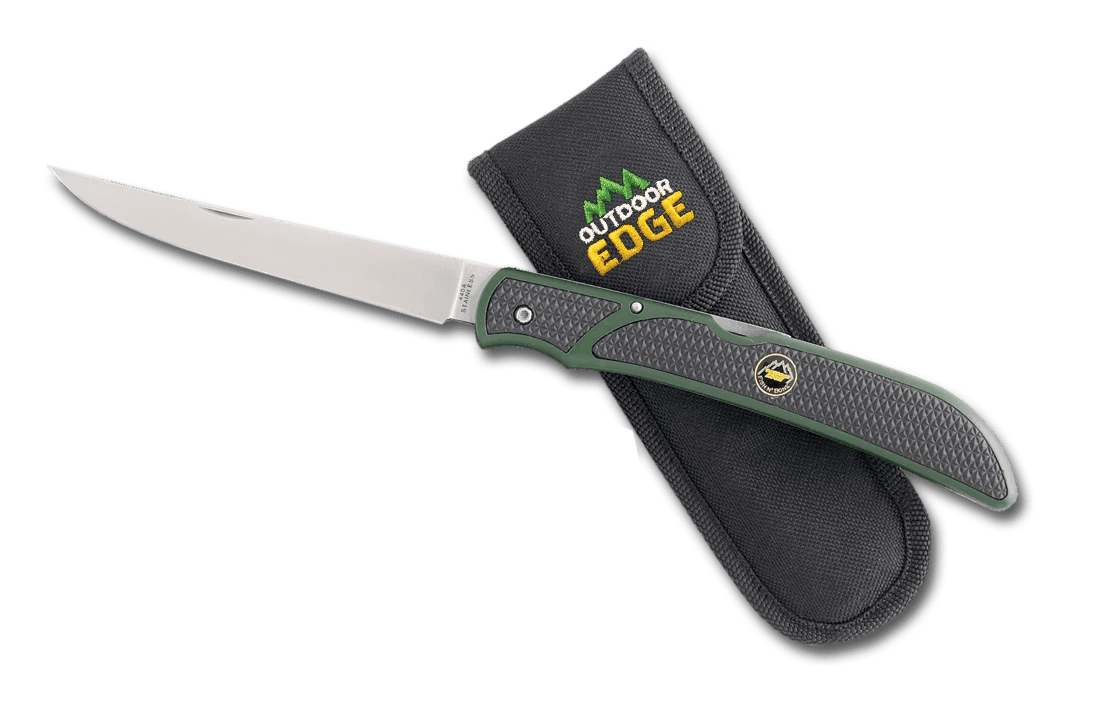 Outdoor Edge FISH & BONE folding knife with green and black grip, ideal for filleting fish and deboning game, with protective sheath.