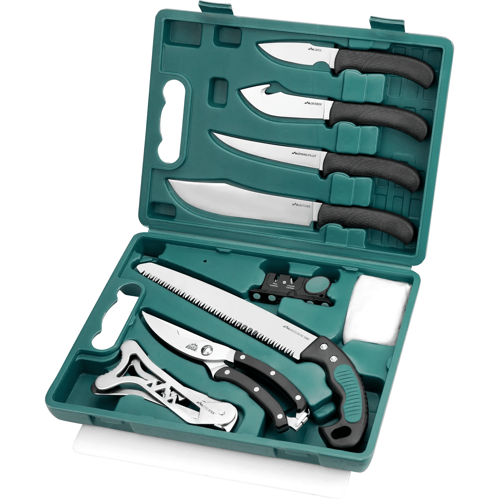 Outdoor Edge GAME-PRO 11-piece game processing kit with knives, saw, and tools for efficient game cleaning.