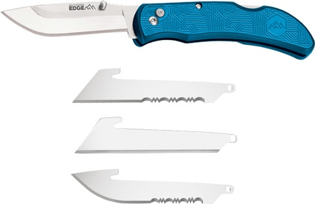 Outdoor Edge Razor Carry folding knife with blue handle and three replaceable blades for versatile outdoor use.