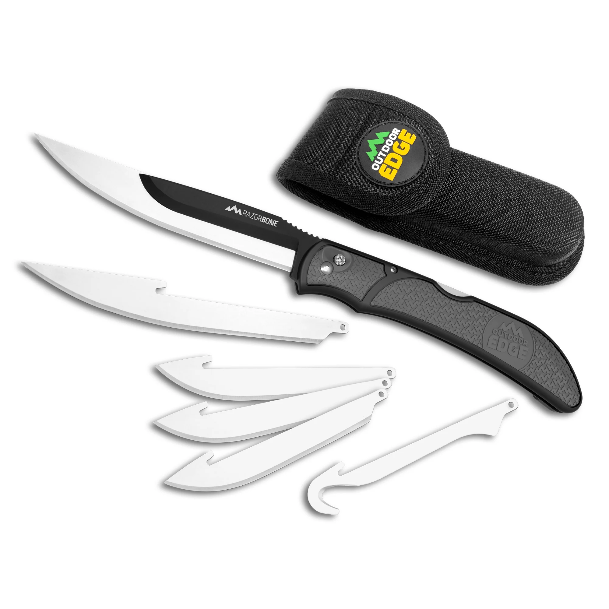 Outdoor Edge RAZOR-BONE 6-Blade Combo Set with folding knife and blades for efficient game processing.