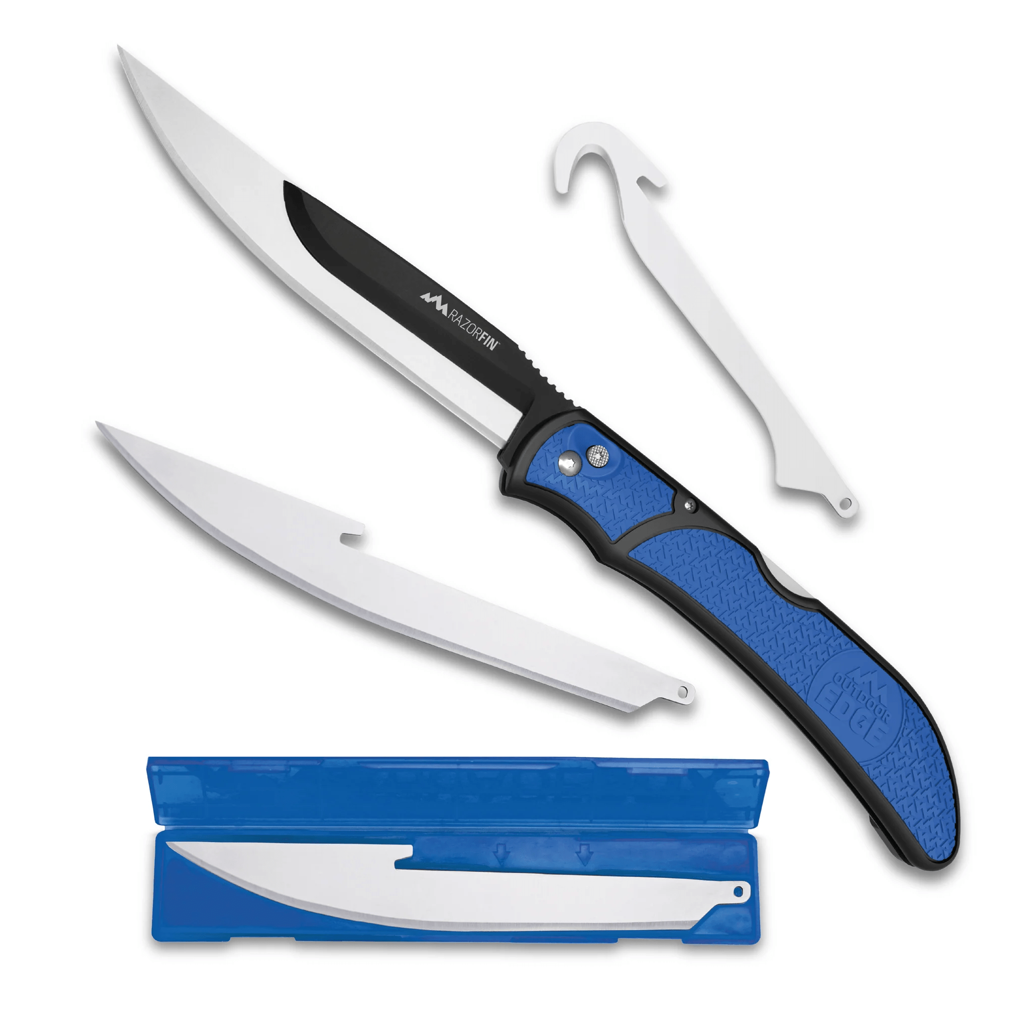 Outdoor Edge Razor-Fin blue fillet knife with three blades and gutting tool, perfect for anglers and fishing enthusiasts.