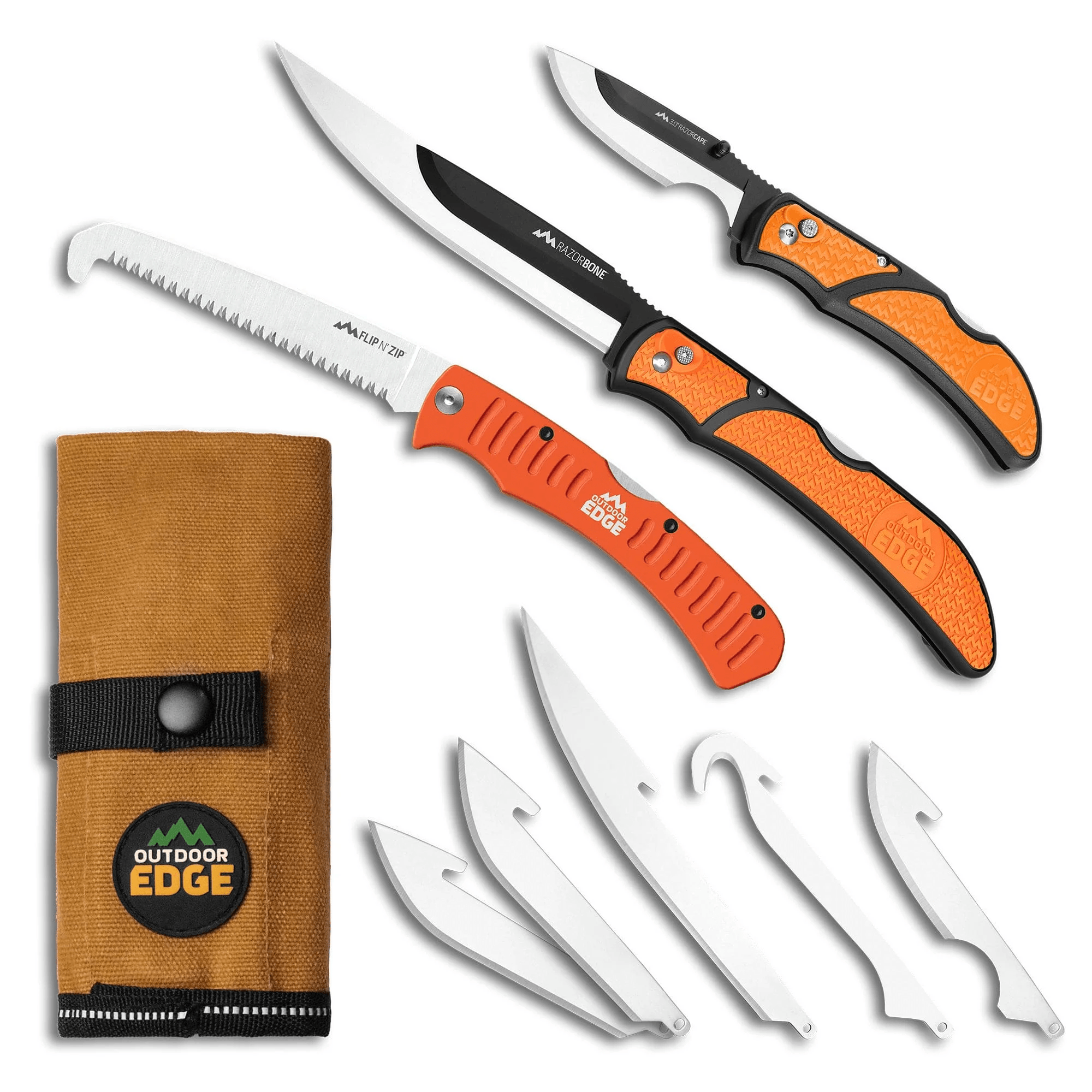 Outdoor Edge Razor-Guide Pak featuring two knives, a saw, and replaceable blades in a compact waxed canvas roll.