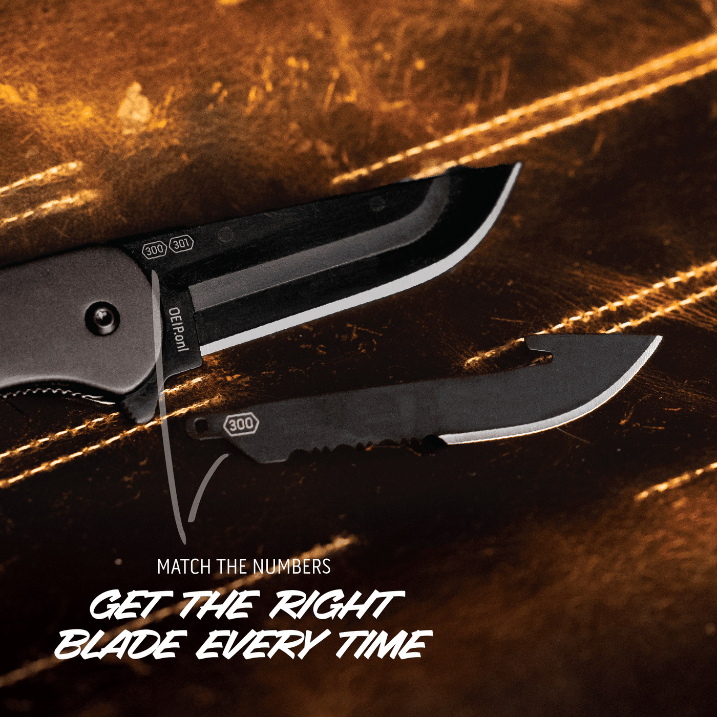 Two knives on a textured surface with text overlay