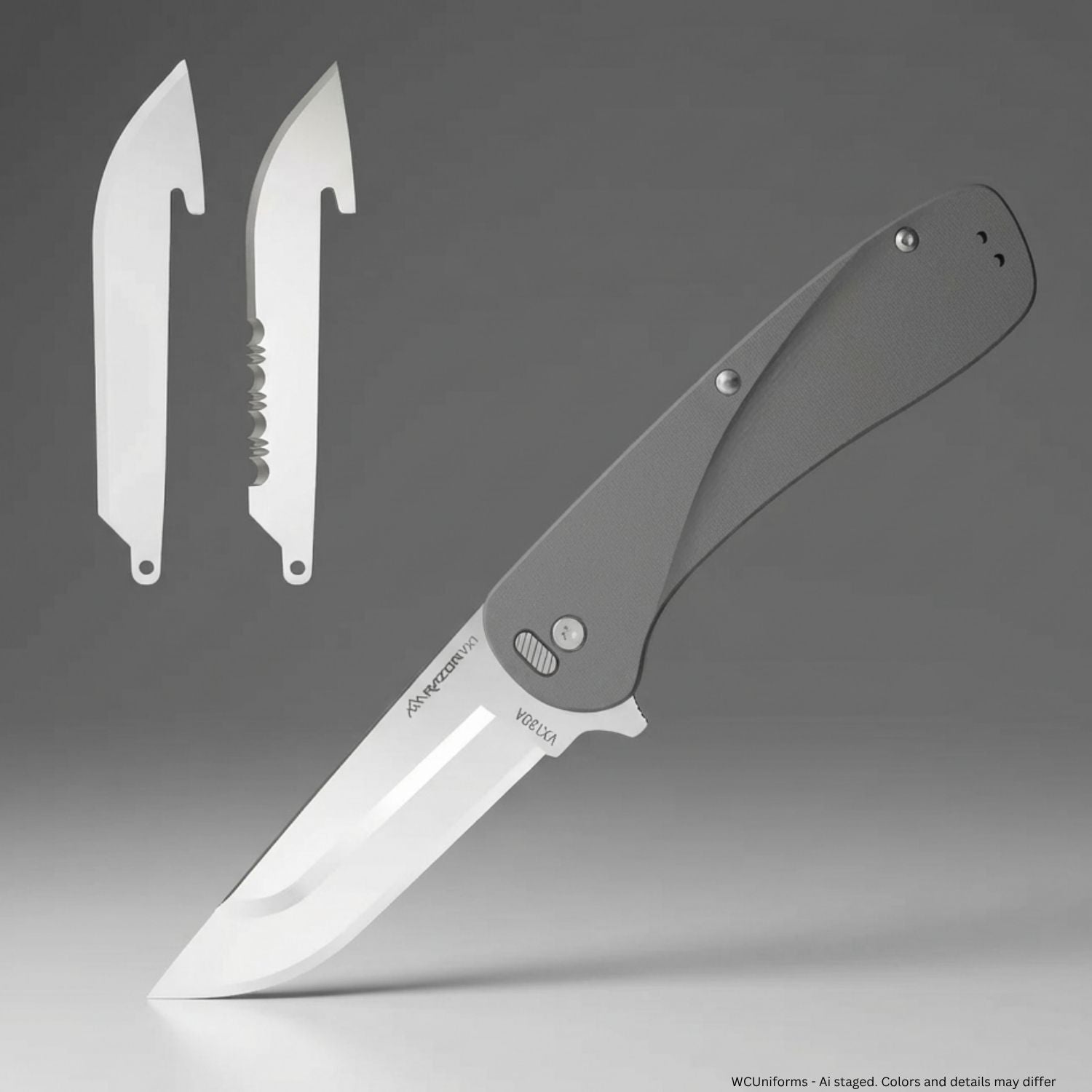 Folding knife with two blade options on a gray background