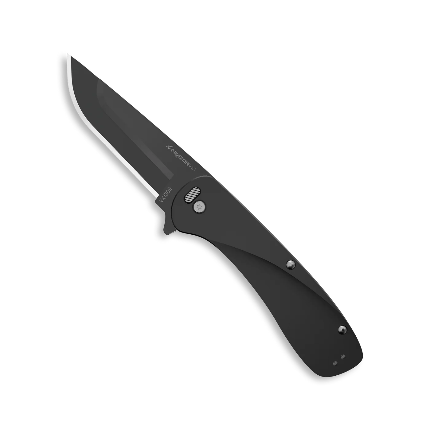 Outdoor Edge Razor VX1 knife with black anodized aluminum handle and sleek folding blade, ideal for utility and EDC use.