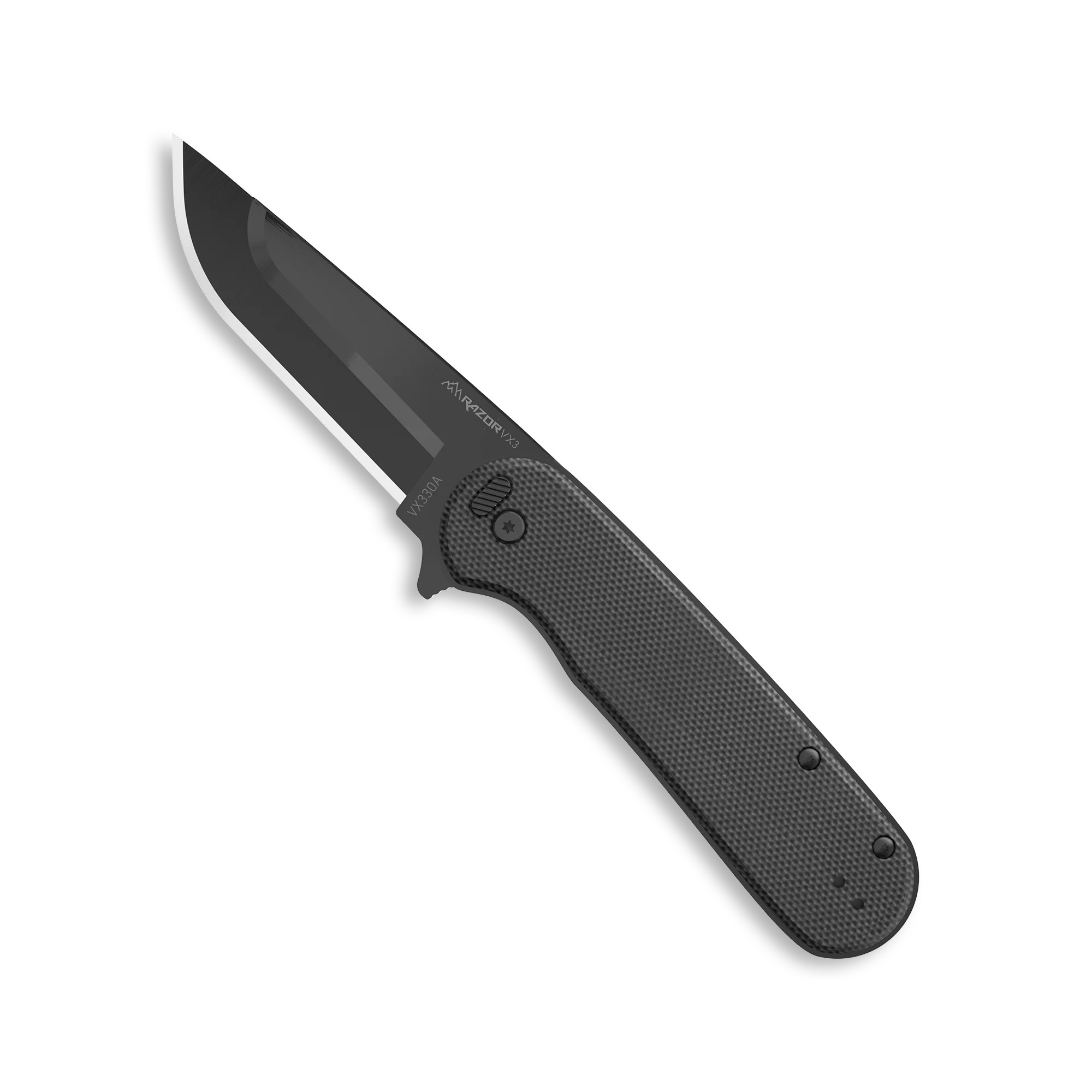 Outdoor Edge Razorvx3 Knife showcasing sleek black design with durable micarta handle and smooth blade deployment.