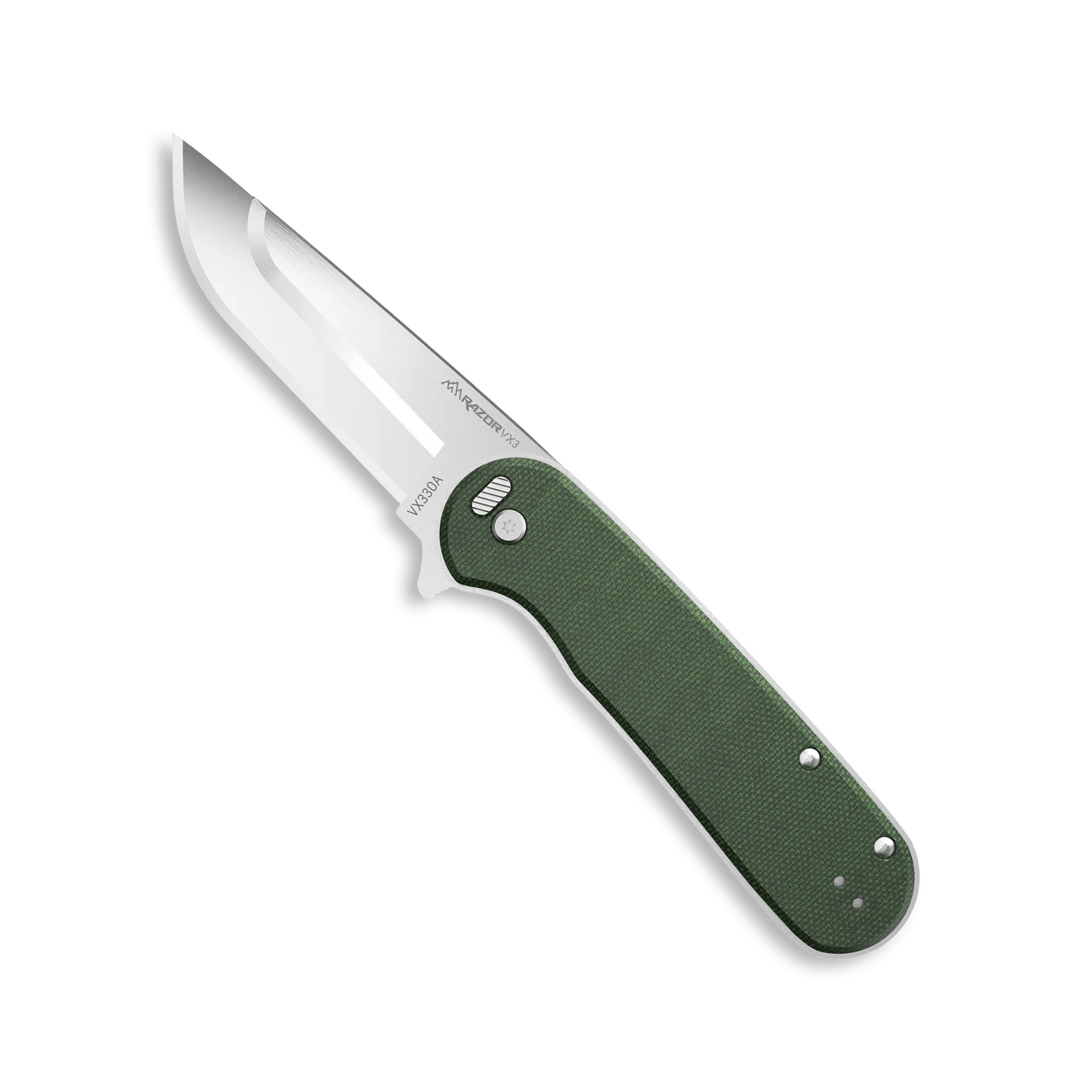 Outdoor Edge Razorvx3 Knife with green micarta handle, featuring premium stainless steel and smooth blade technology.