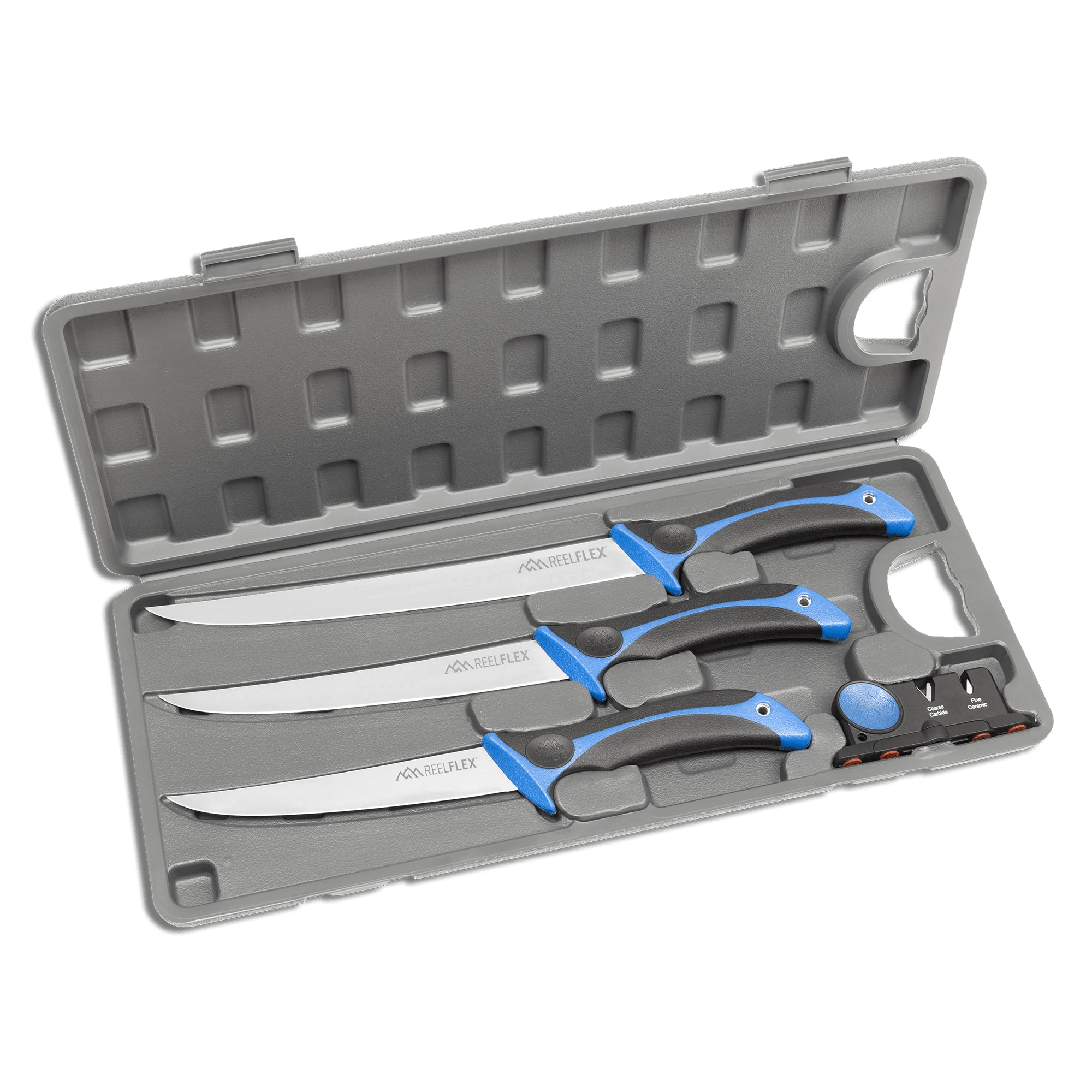 Outdoor Edge REELFLEX PAK 5-piece fillet knife set in a protective case, designed for professional fishermen.