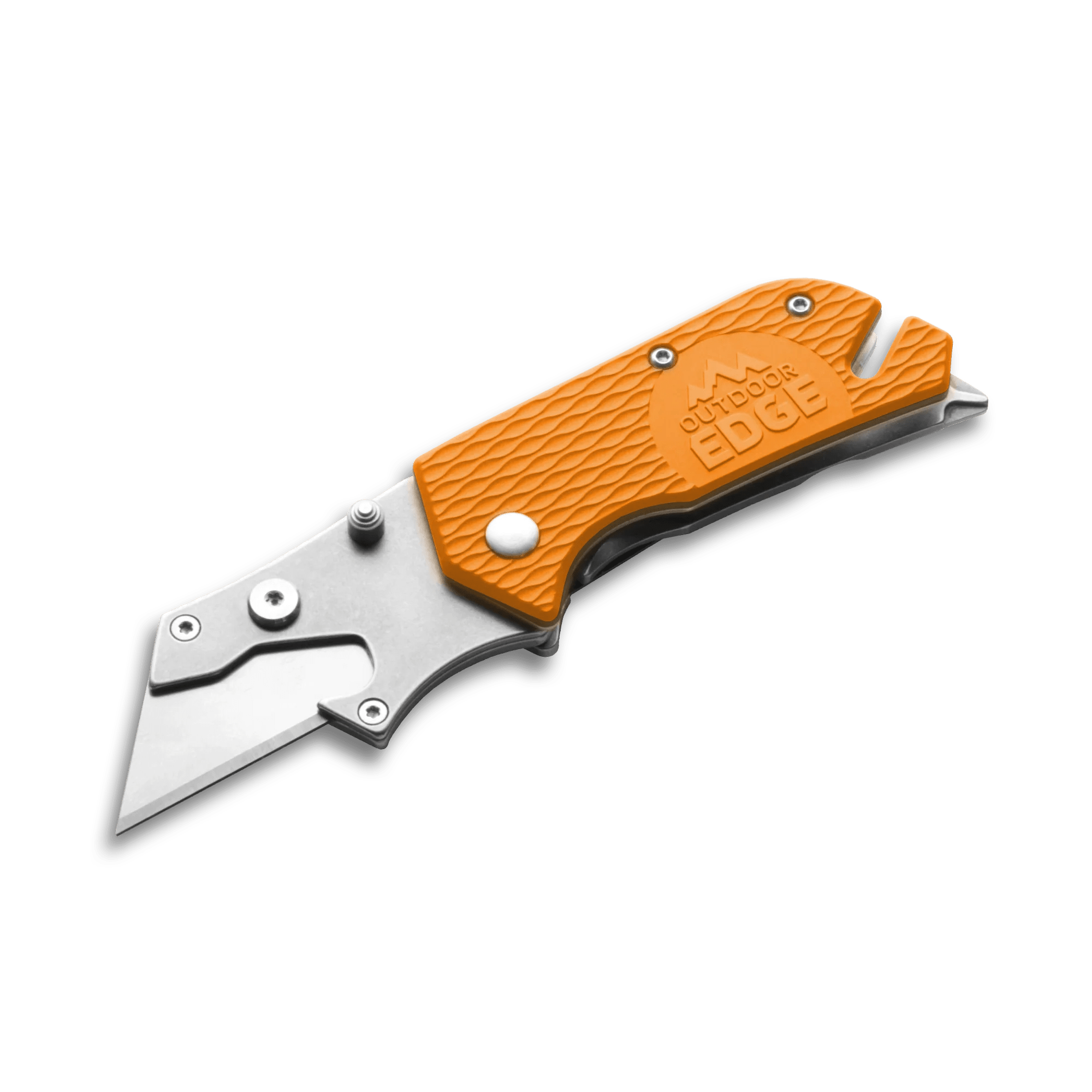 Outdoor Edge UTILIPRO orange folding utility knife multitool with rugged stainless steel frame and comfortable grip.