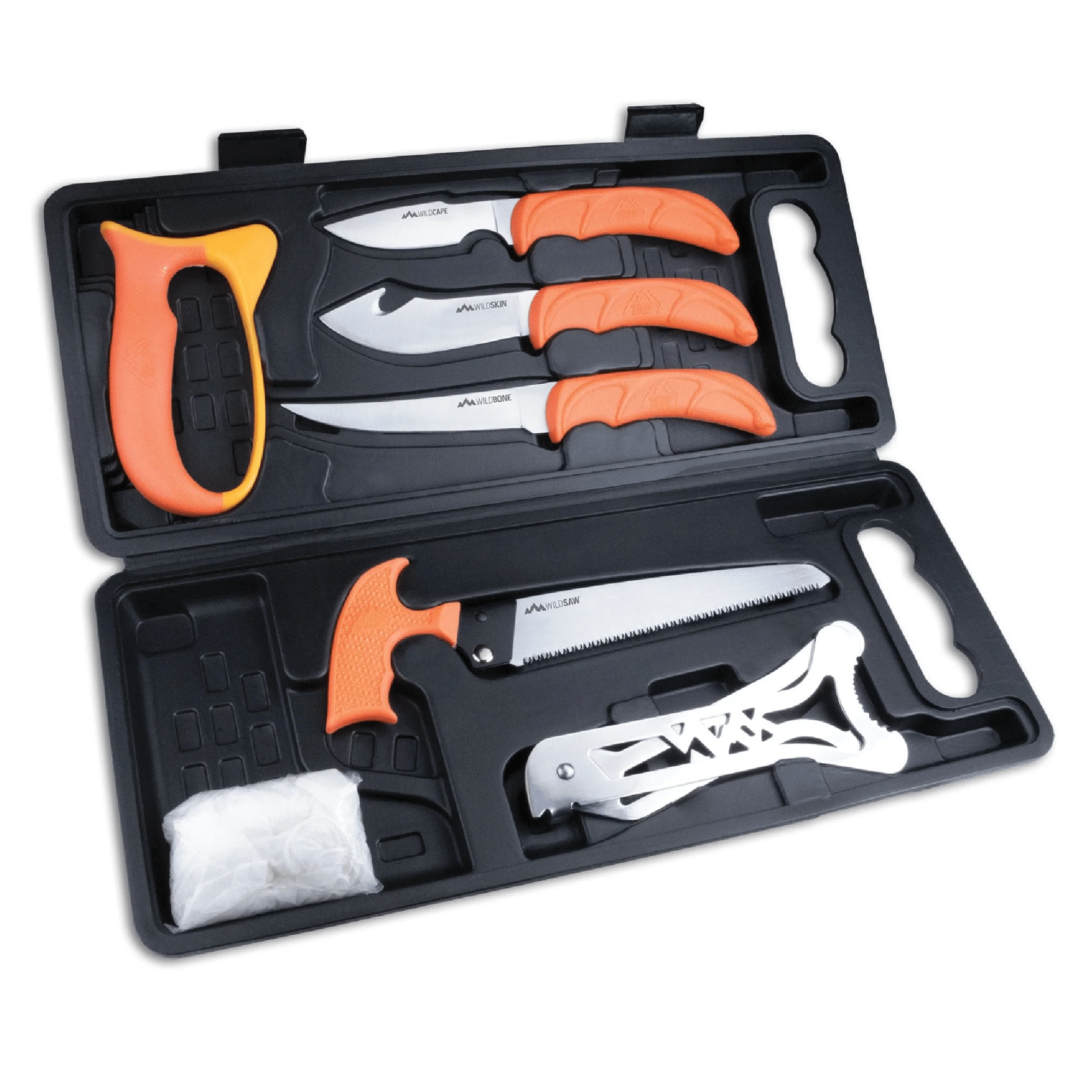 Outdoor Edge WILD-PAK 8-piece game processing set with knives, saw, gloves in hard carry case. Perfect for field-to-freezer tasks.
