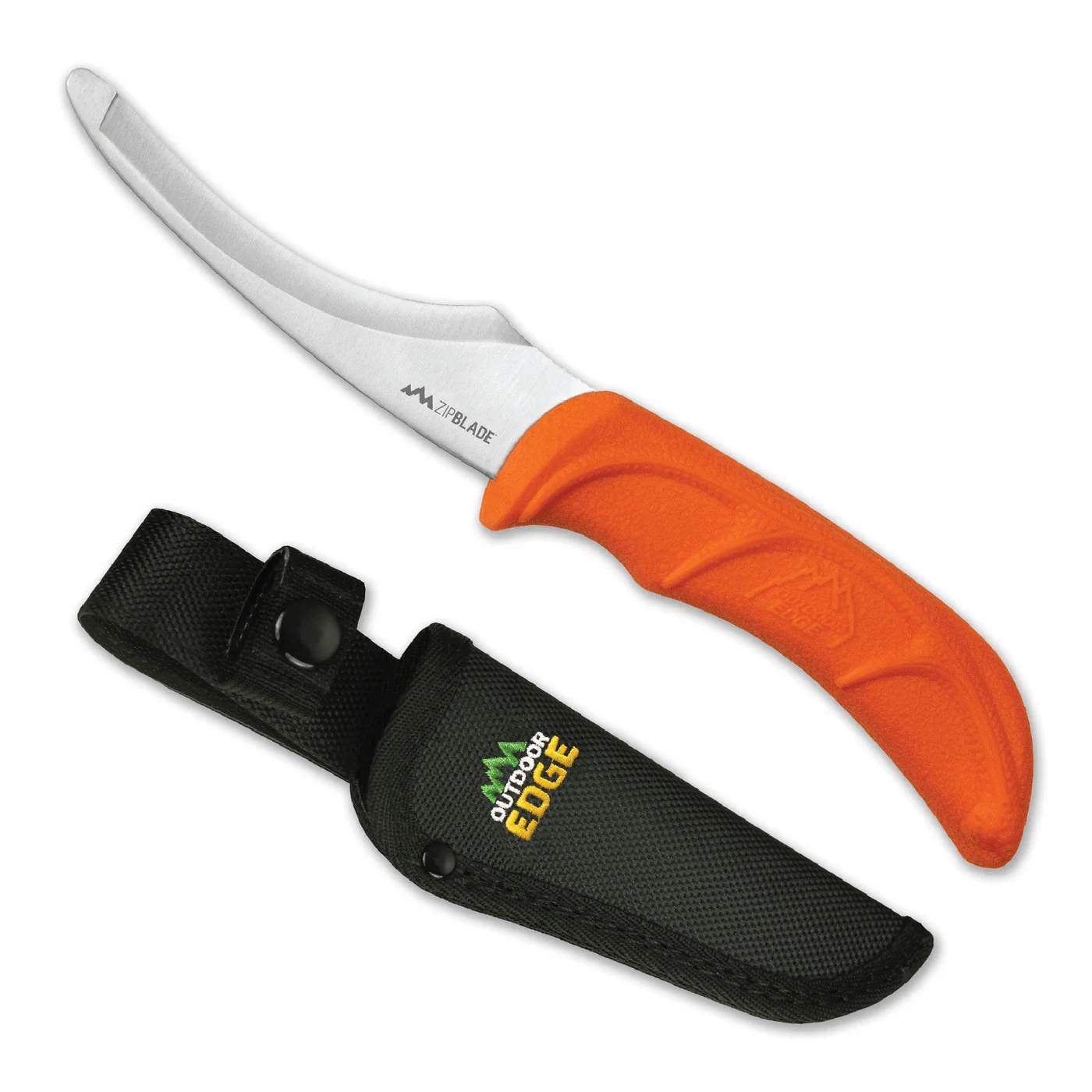 Outdoor Edge ZIP BLADE gutting knife with 4.0 inch stainless blade and orange rubberized handle in black sheath.