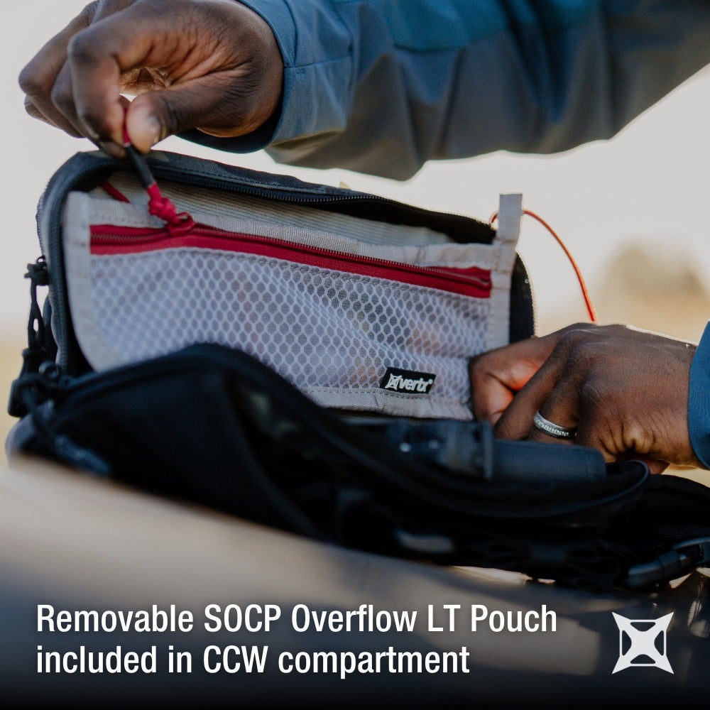 Person opening a black and gray pouch with a visible brand logo, text about a removable SOCP Overflow LT Pouch included in CCW compartment.
